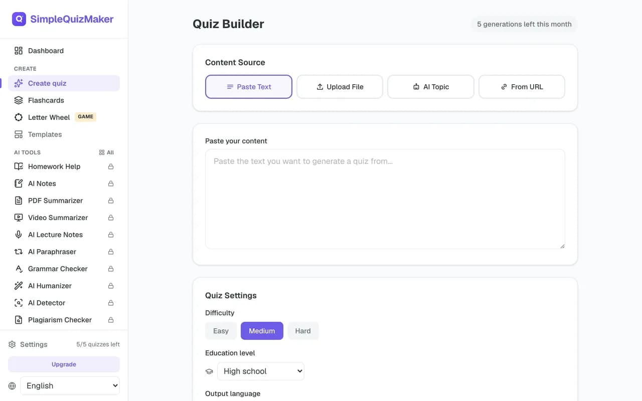 The quiz builder: paste text, upload a file, pick an AI topic or a URL, then choose difficulty and education level