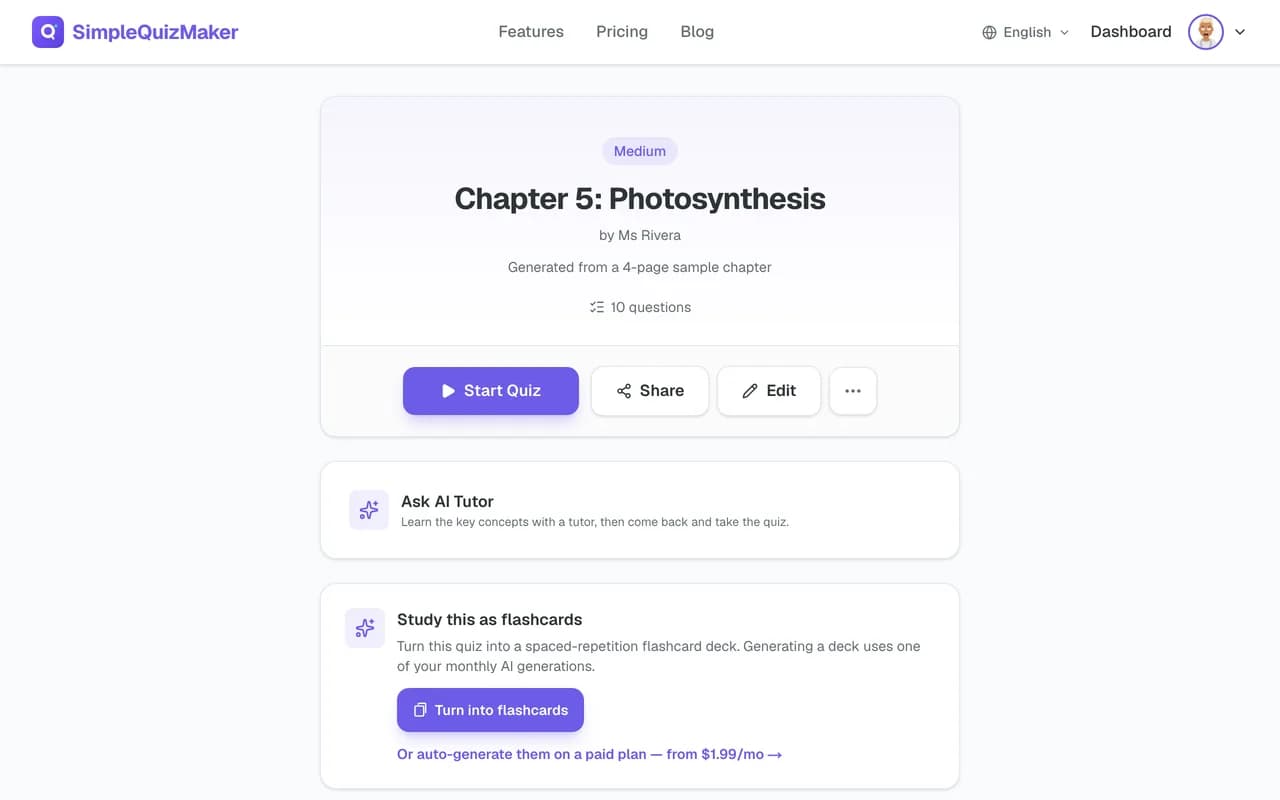 A saved quiz page with Start Quiz, Share and Edit buttons