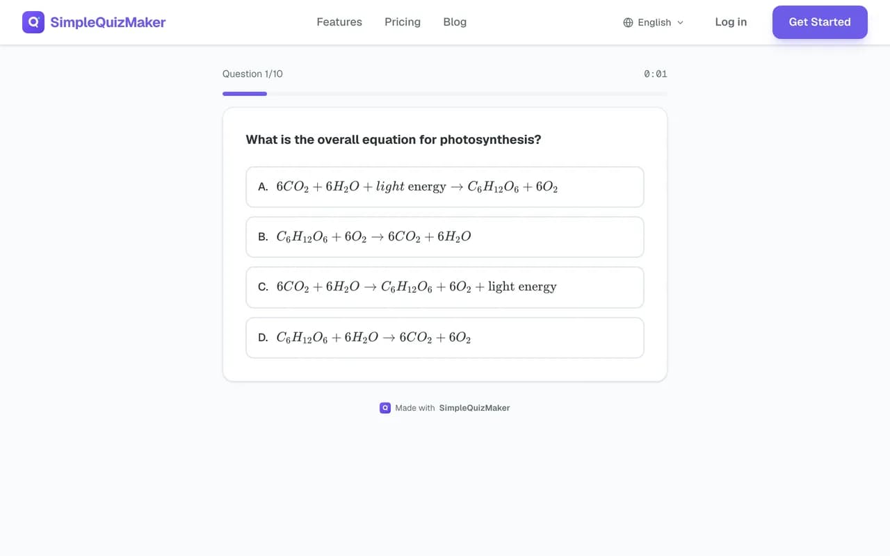 A student answering question 1 of 10, with chemical equations rendered as real notation