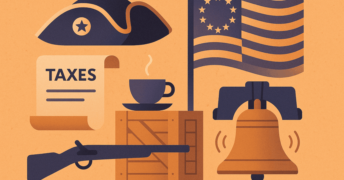Colonial-era graphic representing an American Revolution quiz covering causes, battles, and founding figures