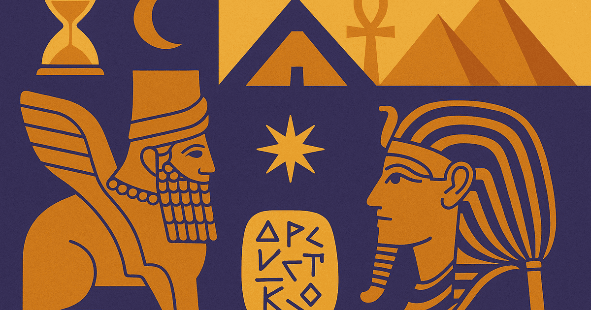 Ancient ruins graphic representing an ancient civilizations quiz covering Egypt, Greece, Rome, and Mesopotamia