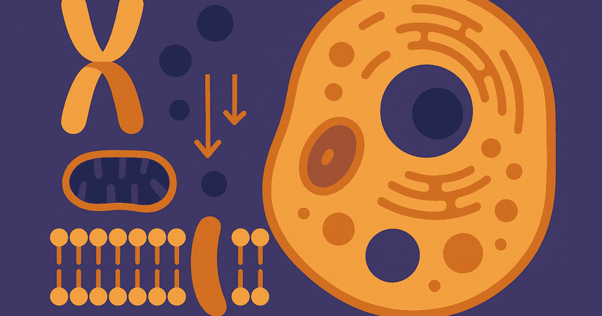 Illustration of a plant and animal cell alongside a DNA double helix, representing a high school biology midterm quiz