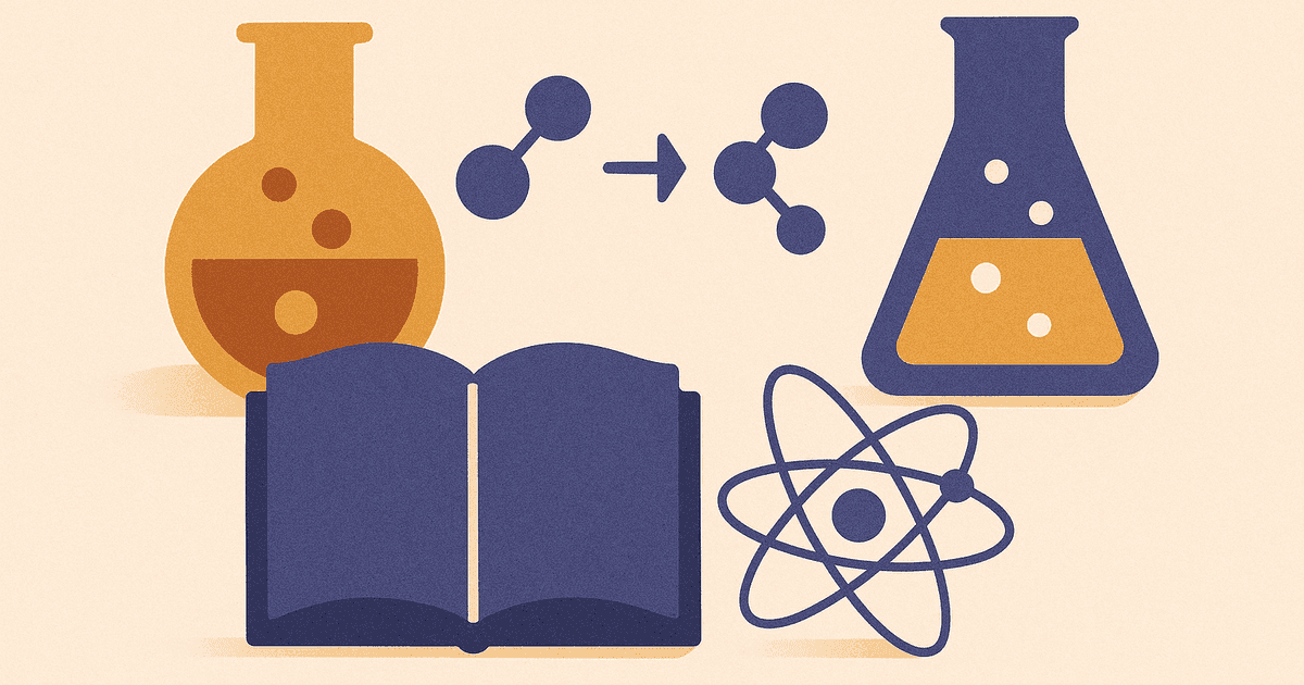 Illustration of test tubes and a balanced chemical equation representing a chemical reactions review quiz