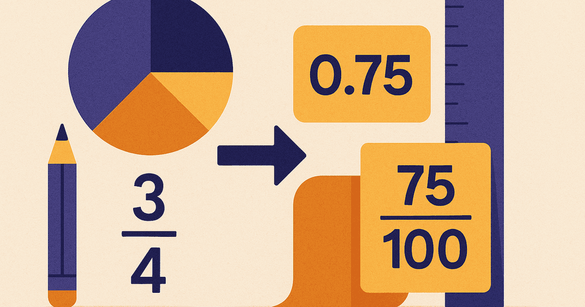 Illustration of a pie chart split into fraction slices next to a decimal number line