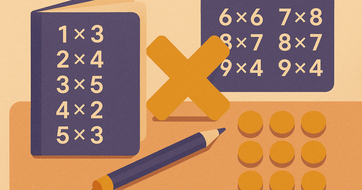 Illustration of a multiplication times table grid with a pencil