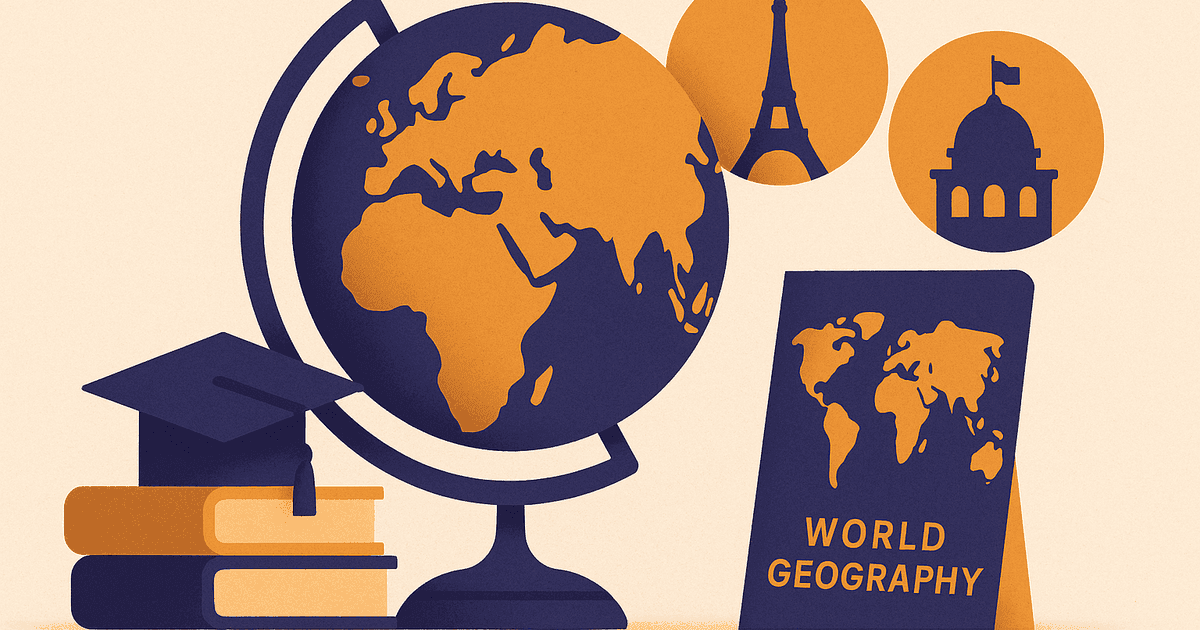 World map graphic representing a world geography quiz on matching countries to their capital cities